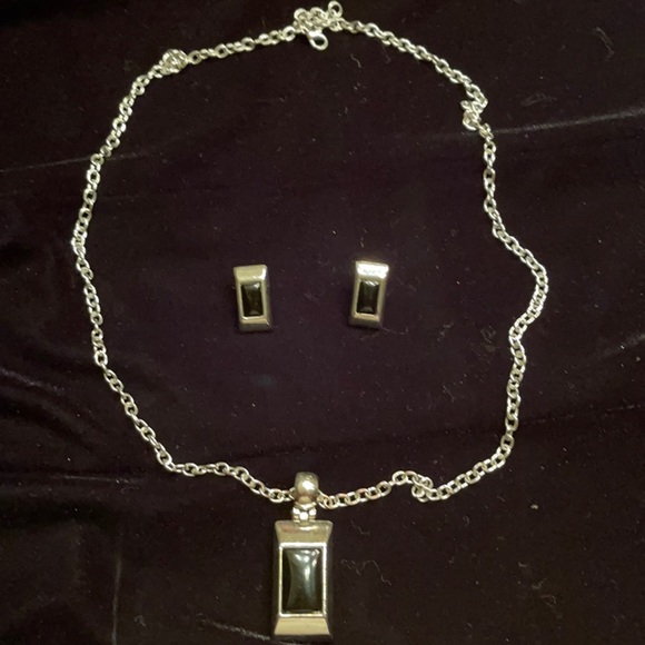 Silver and black pendant and earrings set. - Picture 1 of 5